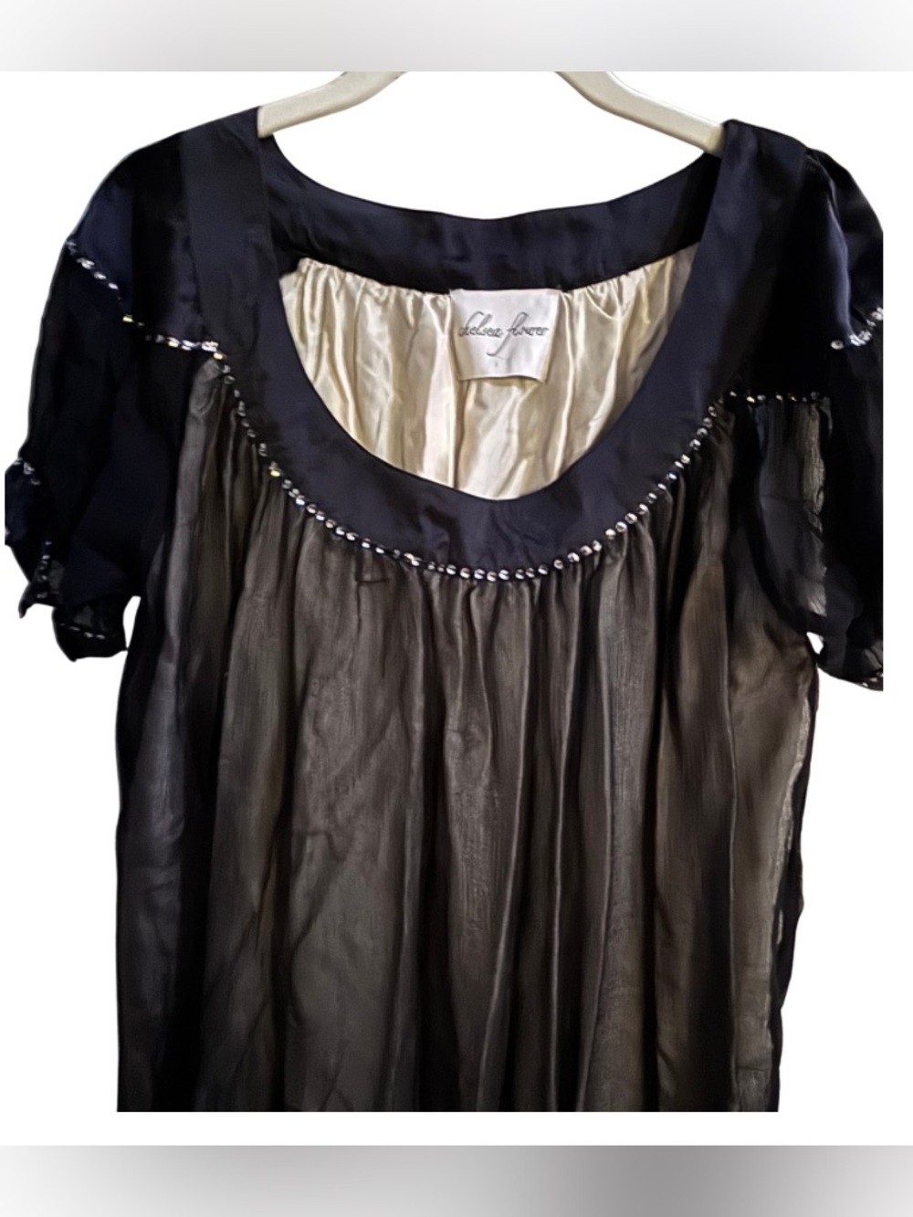 Y2K Black Short Puff Sleeve Midi Dress with Scoop Neck and silver sequin details